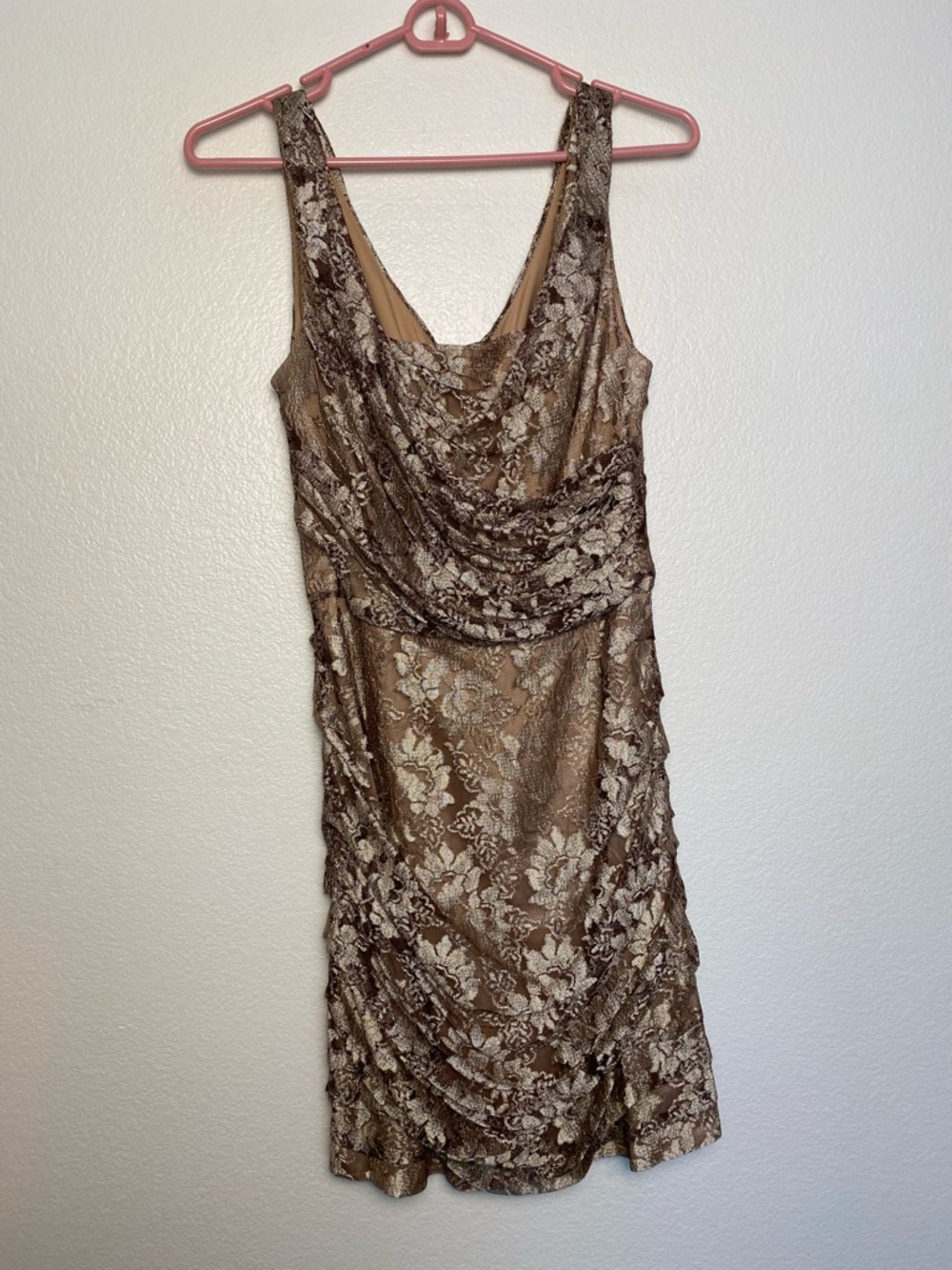 EUC Y2K Express Lace Ruched Bodycon Mini Dress Size 6 Golden Brown Floral Mesh
